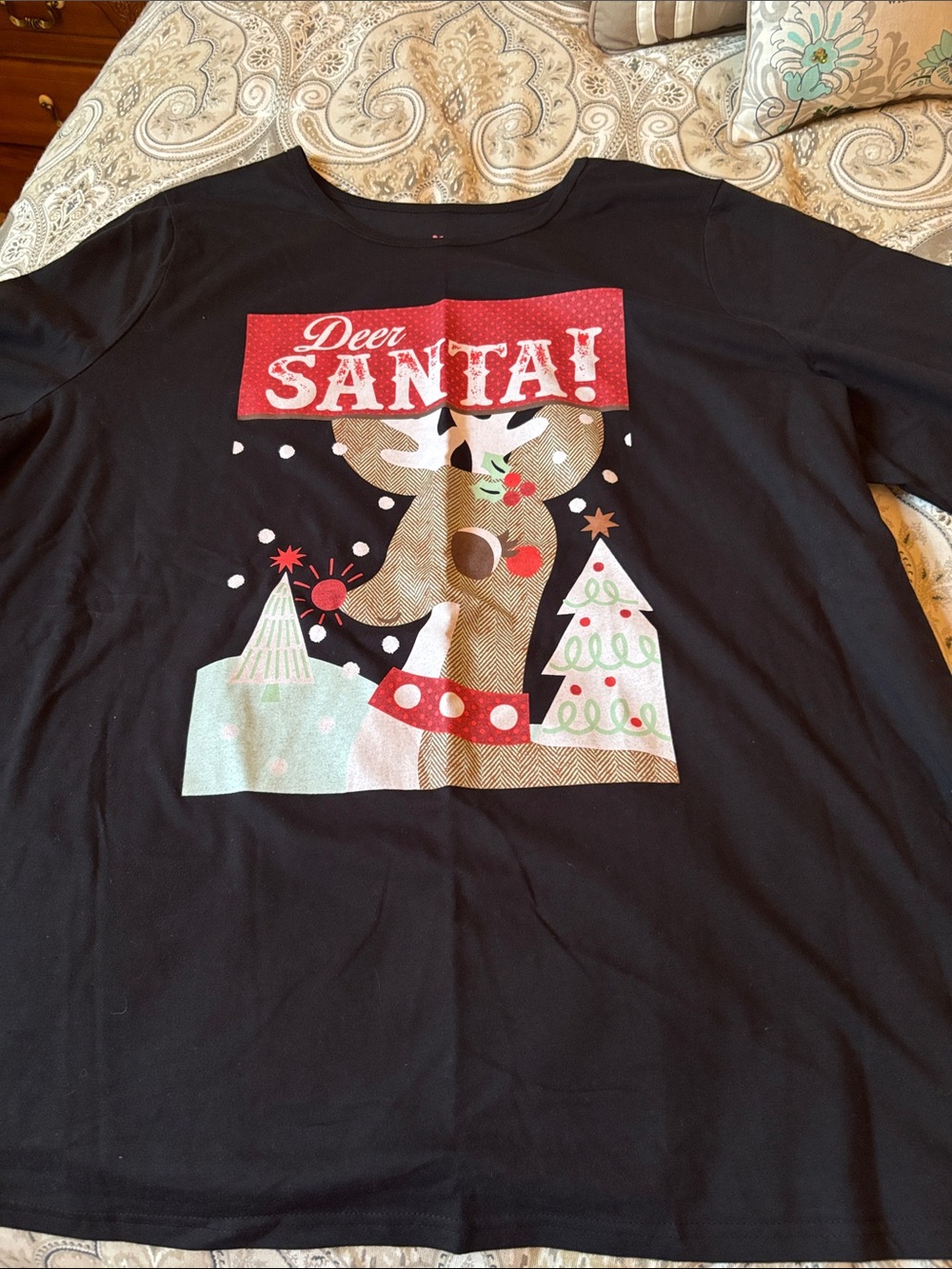 Black 'Dear Santa' Reindeer Graphic womans Long Sleeve Top